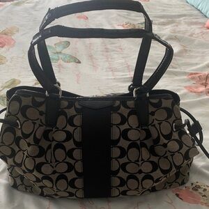 Coach Signature Canvas Shoulder Bag in Khaki and Black